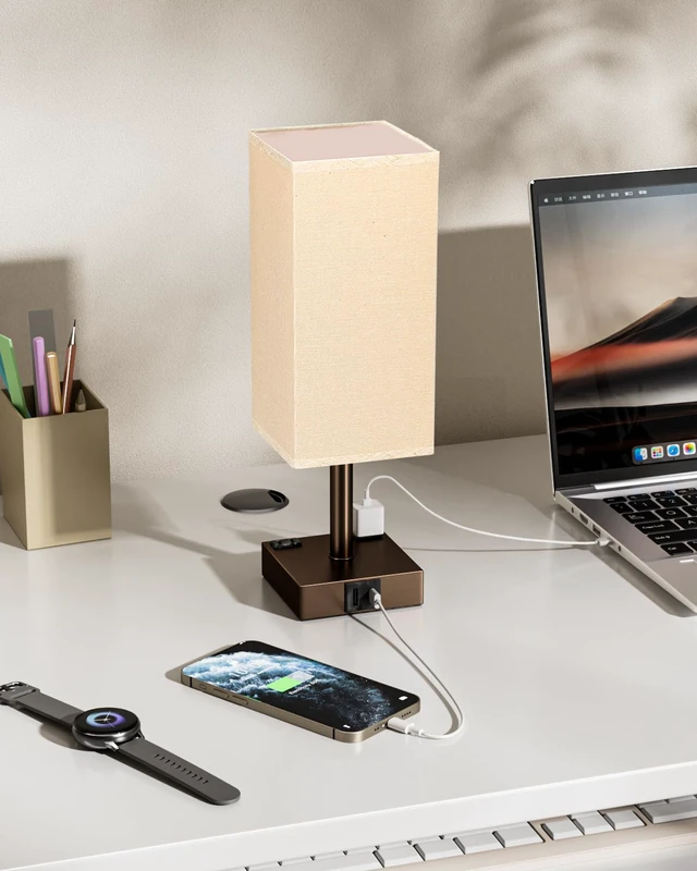 Alt view image 6 of 7 - Brown Touch Table Lamp for Bedroom - Dimmable, USB C+A, 2 AC Outlets 3-Way Dimming, 3000K Bulb Included, Square Brown Lampshade and Black Base, Desk Lamp for Nightstand, Living Room, Dorm