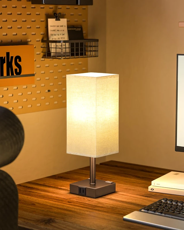 Alt view image 7 of 7 - Brown Touch Table Lamp for Bedroom - Dimmable, USB C+A, 2 AC Outlets 3-Way Dimming, 3000K Bulb Included, Square Brown Lampshade and Black Base, Desk Lamp for Nightstand, Living Room, Dorm