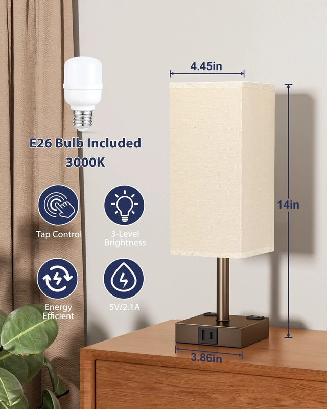 Alt view image 5 of 7 - Brown Touch Table Lamp for Bedroom - Dimmable, USB C+A, 2 AC Outlets 3-Way Dimming, 3000K Bulb Included, Square Brown Lampshade and Black Base, Desk Lamp for Nightstand, Living Room, Dorm
