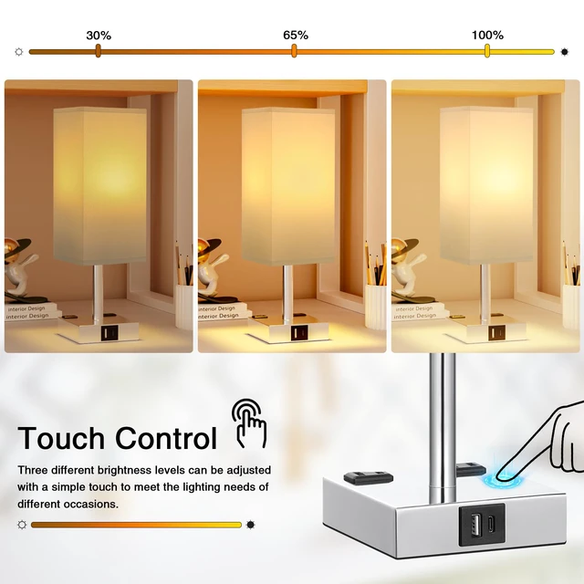 Alt view image 2 of 7 - White Touch Table Lamp for Bedroom - Dimmable, USB C+A, 2 AC Outlets 3-Way Dimming, 3000K Bulb Included, Square White Lampshade and Silver Base, Desk Lamp for Nightstand, Living Room, Dorm