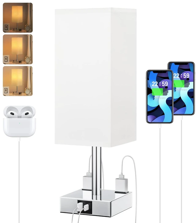 Main image of White Touch Table Lamp for Bedroom - Dimmable, USB C+A, 2 AC Outlets 3-Way Dimming, 3000K Bulb Included, Square White Lampshade and Silver Base, Desk Lamp for Nightstand, Living Room, Dorm