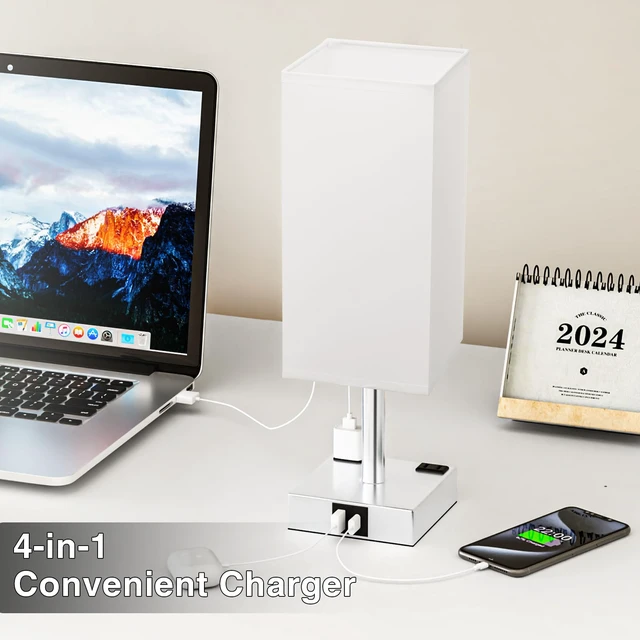 Alt view image 3 of 7 - White Touch Table Lamp for Bedroom - Dimmable, USB C+A, 2 AC Outlets 3-Way Dimming, 3000K Bulb Included, Square White Lampshade and Silver Base, Desk Lamp for Nightstand, Living Room, Dorm