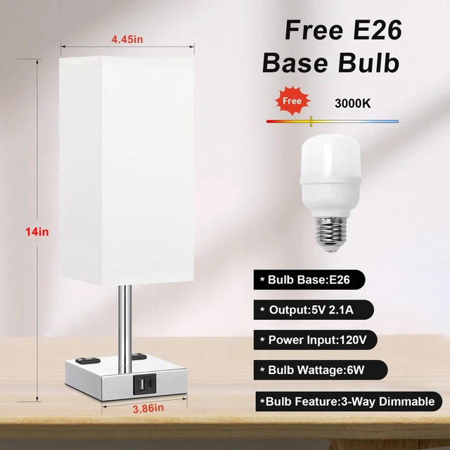 Alt view image 5 of 7 - White Touch Table Lamp for Bedroom - Dimmable, USB C+A, 2 AC Outlets 3-Way Dimming, 3000K Bulb Included, Square White Lampshade and Silver Base, Desk Lamp for Nightstand, Living Room, Dorm
