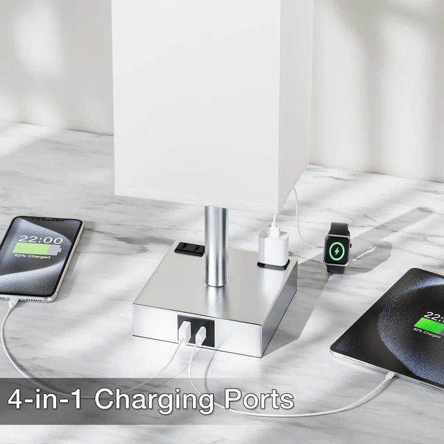 Alt view image 4 of 7 - White Touch Table Lamp for Bedroom - Dimmable, USB C+A, 2 AC Outlets 3-Way Dimming, 3000K Bulb Included, Square White Lampshade and Silver Base, Desk Lamp for Nightstand, Living Room, Dorm
