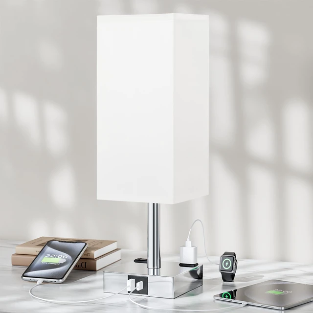 Alt view image 7 of 7 - White Touch Table Lamp for Bedroom - Dimmable, USB C+A, 2 AC Outlets 3-Way Dimming, 3000K Bulb Included, Square White Lampshade and Silver Base, Desk Lamp for Nightstand, Living Room, Dorm