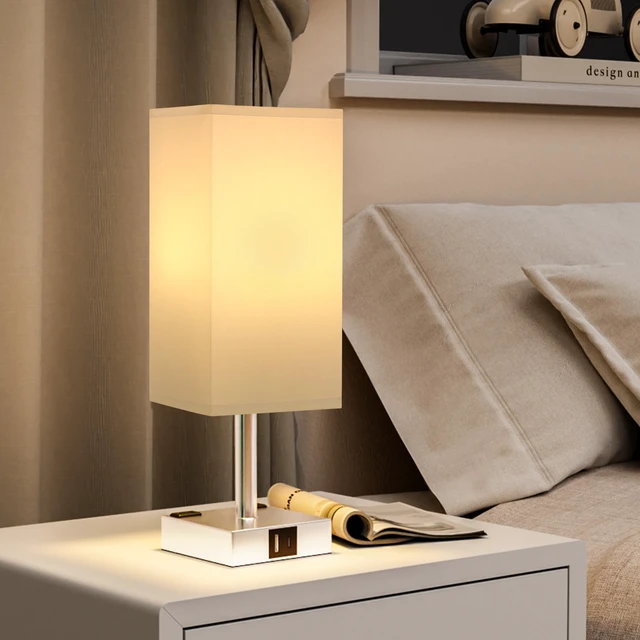 Alt view image 6 of 7 - White Touch Table Lamp for Bedroom - Dimmable, USB C+A, 2 AC Outlets 3-Way Dimming, 3000K Bulb Included, Square White Lampshade and Silver Base, Desk Lamp for Nightstand, Living Room, Dorm