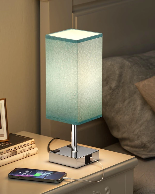Main image of Turquoise Touch Table Lamp for Bedroom - Dimmable, USB C+A, 2 AC Outlets 3-Way Dimming, 3000K Bulb Included, Square Teal Lampshade and Silver Base, Desk Lamp for Nightstand, Living Room, Green