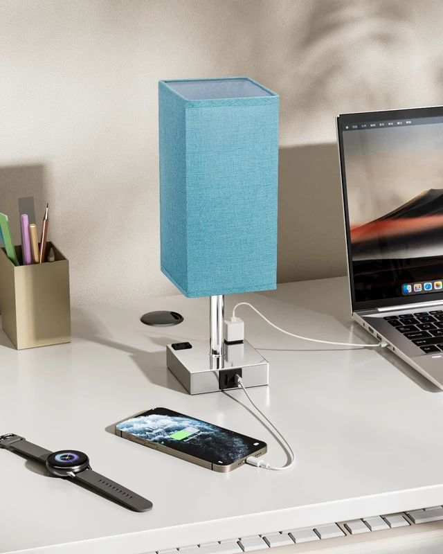 Alt view image 2 of 7 - Turquoise Touch Table Lamp for Bedroom - Dimmable, USB C+A, 2 AC Outlets 3-Way Dimming, 3000K Bulb Included, Square Teal Lampshade and Silver Base, Desk Lamp for Nightstand, Living Room, Green