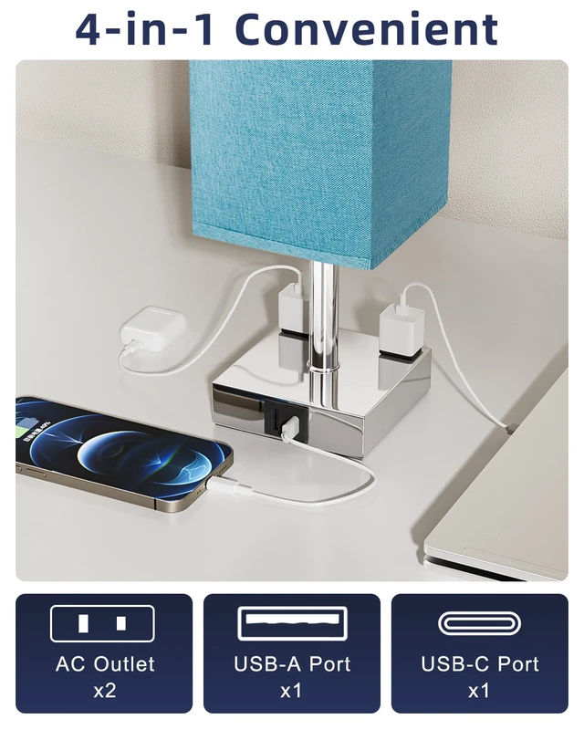 Alt view image 3 of 7 - Turquoise Touch Table Lamp for Bedroom - Dimmable, USB C+A, 2 AC Outlets 3-Way Dimming, 3000K Bulb Included, Square Teal Lampshade and Silver Base, Desk Lamp for Nightstand, Living Room, Green