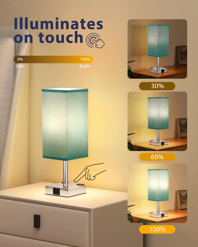 Alt view image 4 of 7 - Turquoise Touch Table Lamp for Bedroom - Dimmable, USB C+A, 2 AC Outlets 3-Way Dimming, 3000K Bulb Included, Square Teal Lampshade and Silver Base, Desk Lamp for Nightstand, Living Room, Green