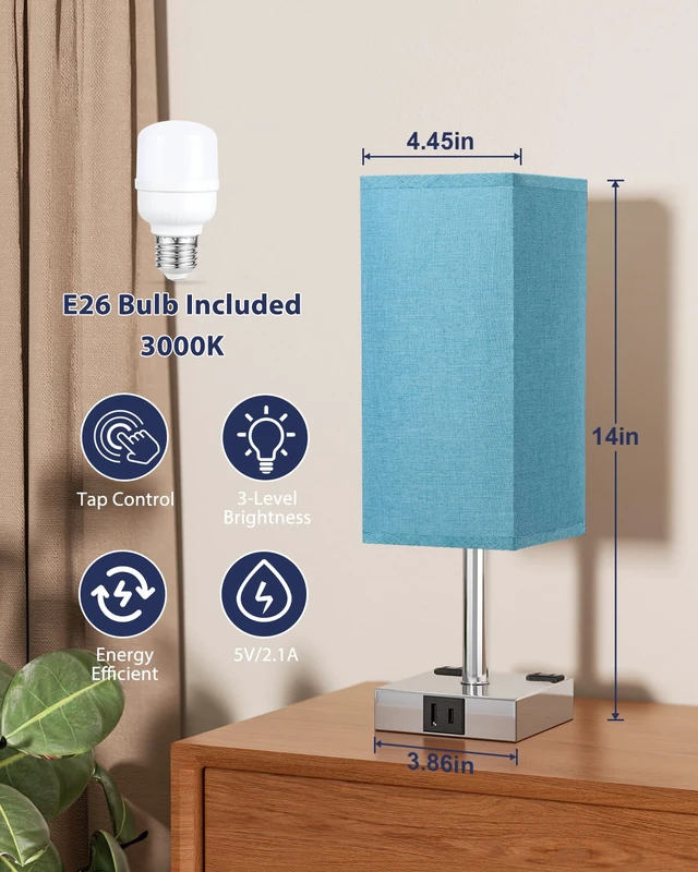 Alt view image 5 of 7 - Turquoise Touch Table Lamp for Bedroom - Dimmable, USB C+A, 2 AC Outlets 3-Way Dimming, 3000K Bulb Included, Square Teal Lampshade and Silver Base, Desk Lamp for Nightstand, Living Room, Green