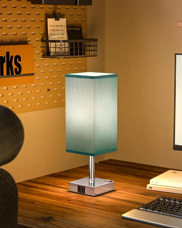 Alt view image 6 of 7 - Turquoise Touch Table Lamp for Bedroom - Dimmable, USB C+A, 2 AC Outlets 3-Way Dimming, 3000K Bulb Included, Square Teal Lampshade and Silver Base, Desk Lamp for Nightstand, Living Room, Green