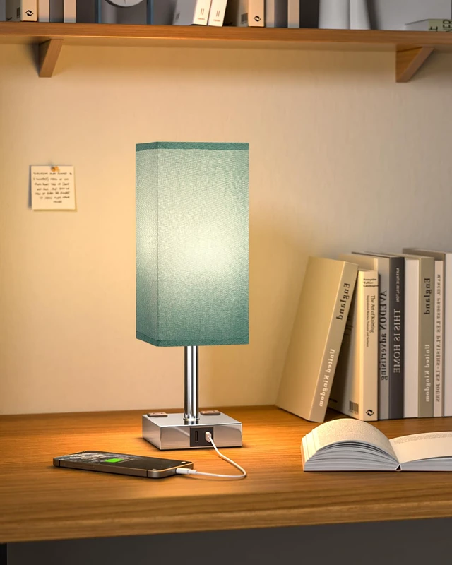 Alt view image 7 of 7 - Turquoise Touch Table Lamp for Bedroom - Dimmable, USB C+A, 2 AC Outlets 3-Way Dimming, 3000K Bulb Included, Square Teal Lampshade and Silver Base, Desk Lamp for Nightstand, Living Room, Green