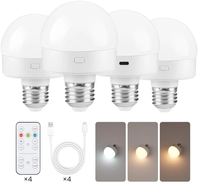 Main image of Rechargeable Light Bulbs with Remote Control 4 Packs, Battery Operated Light Bulbs with Timer & 3 Color Temperature, Dimmable Detachable Wireless LED Bulb for Lamp, Non-Hardwired, W01YBP406