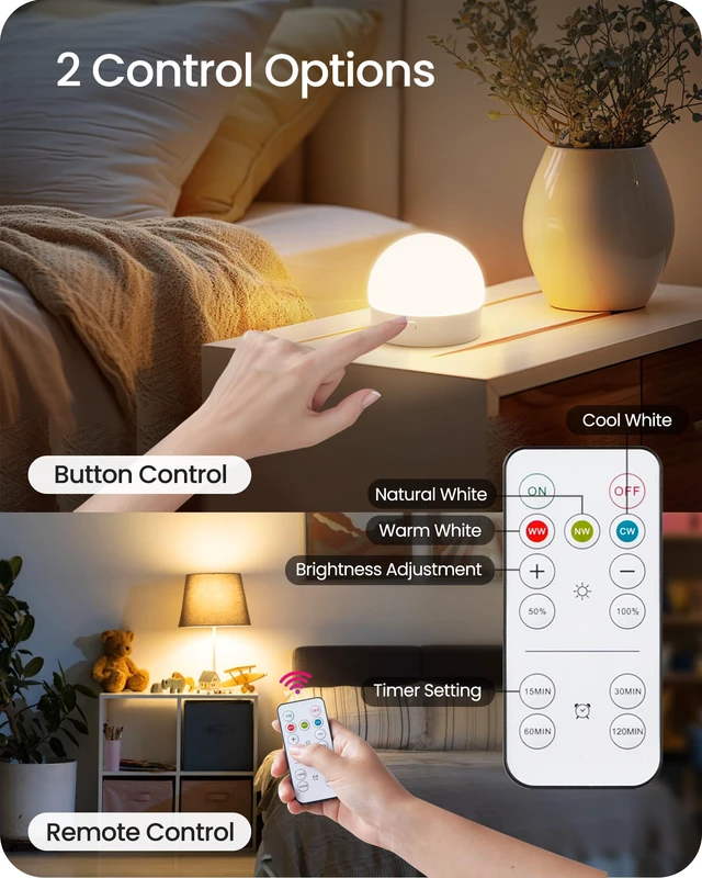 Alt view image 4 of 7 - Rechargeable Light Bulbs with Remote Control 4 Packs, Battery Operated Light Bulbs with Timer & 3 Color Temperature, Dimmable Detachable Wireless LED Bulb for Lamp, Non-Hardwired, W01YBP406
