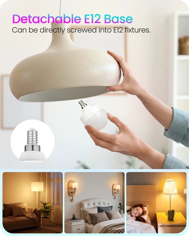 Alt view image 2 of 7 - Rechargeable Light Bulbs with Remote Control, 4 Packs E12 Battery Operated Light Bulbs, 3 Timer 15 Colors Selectable, Dimmable Wireless RGB LED Bulb, Non-Hardwired, R08YBP405