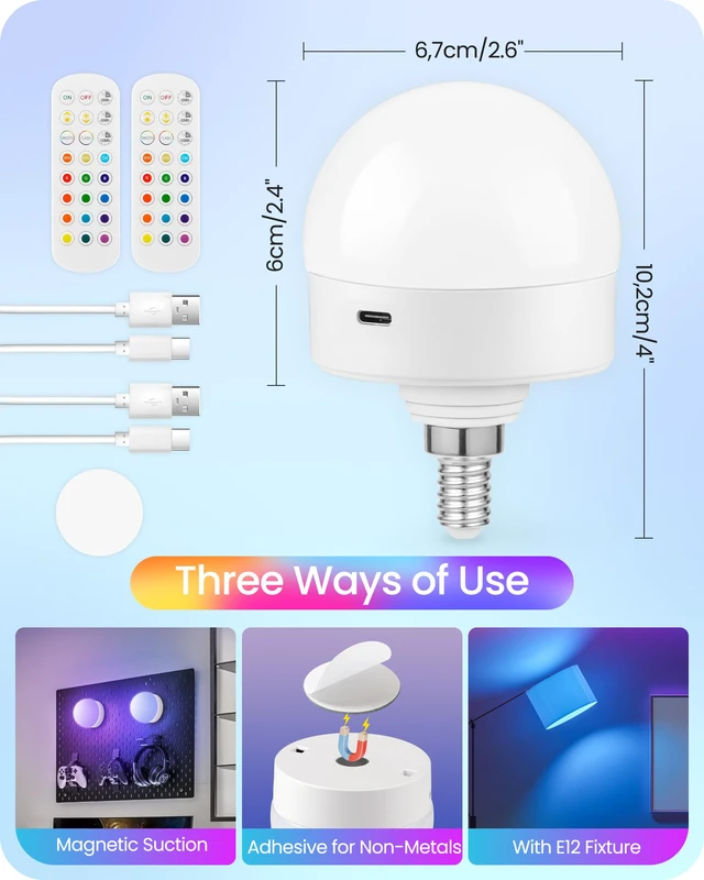 Alt view image 3 of 7 - Rechargeable Light Bulbs with Remote Control, 4 Packs E12 Battery Operated Light Bulbs, 3 Timer 15 Colors Selectable, Dimmable Wireless RGB LED Bulb, Non-Hardwired, R08YBP405