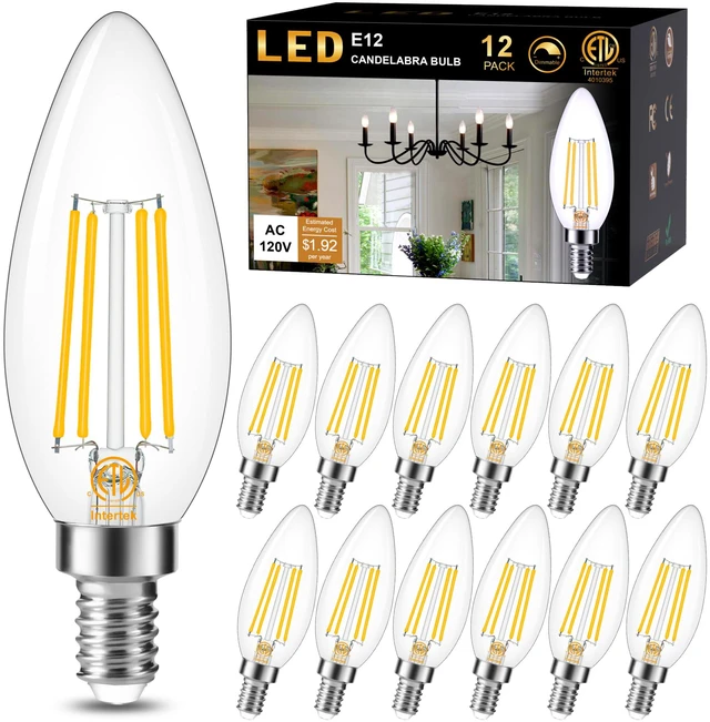 Main image of 12 Pack Dimmable E12 LED Candelabra Bulb 3000K Soft White 60W 600LM CRI 85+ AC 120V Type B Bulb for Chandeliers, Ceiling Fans, Clear Glass Candle Shape, Vintage Filament
