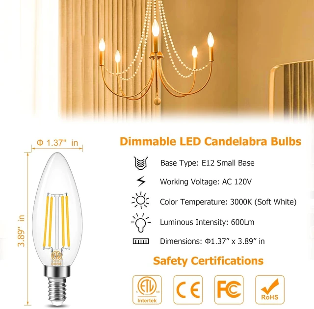 Alt view image 2 of 7 - 12 Pack Dimmable E12 LED Candelabra Bulb 3000K Soft White 60W 600LM CRI 85+ AC 120V Type B Bulb for Chandeliers, Ceiling Fans, Clear Glass Candle Shape, Vintage Filament