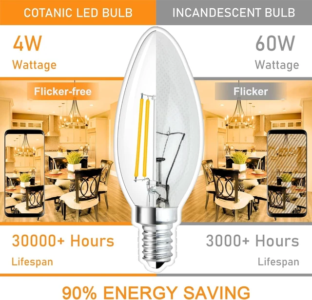 Alt view image 6 of 7 - 12 Pack Dimmable E12 LED Candelabra Bulb 3000K Soft White 60W 600LM CRI 85+ AC 120V Type B Bulb for Chandeliers, Ceiling Fans, Clear Glass Candle Shape, Vintage Filament