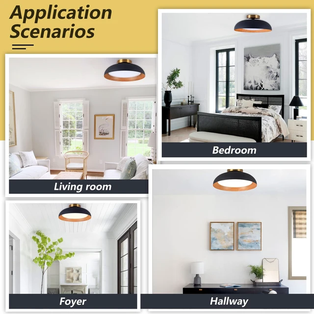 Alt view image 6 of 7 - Flush Mount Ceiling Light, Black with Wood-Grain Finish,12.5" ETL-Listed,selectable 2700/3000/4000/5000/6000K,matte black finish with wood accent,ideal for hallway,bedroom and kitchen