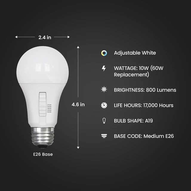 Alt view image 2 of 7 - A19 LED Light Bulb, 60W EQ, 5CCT 6Way, 800 Lumens, 10-Pack Adjustable White (2700K-5000K), Non-Dimmable, 10W, E26 Base, 17,000-Hour, Damp Rated, General Purpose Light Bulbs