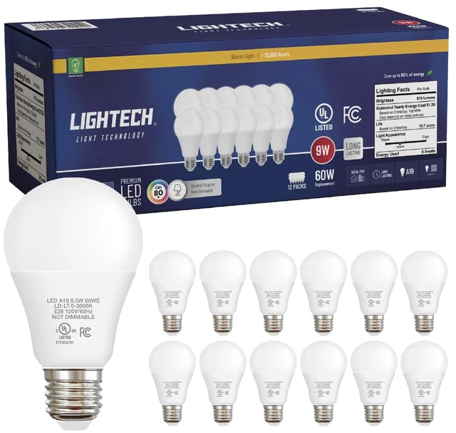 Main image of A19 LED Light Bulbs, 12 Pack, 60 Watt Equivalent, 9W Soft White Warm White 3000K LED Light Bulb, 810 LM, Bedroom, Living Room, Kitchen, Garage, Soft White LED Light Bulbs, Non-Dimmable, E26, UL Listed