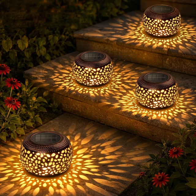 Main image of Solar Lanterns Outdoor Waterproof, 4 Pack Flower Petal Solar Garden Lights with 2 Lighting Colors, Vintage Metal Outdoor Patio Garden Decor - Unique Gifts for Women Mom Sisters Birthday