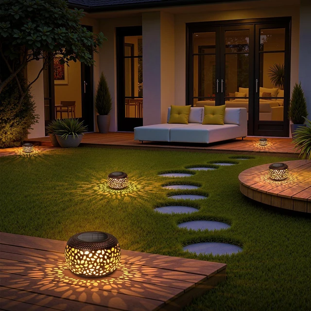 Alt view image 7 of 7 - Solar Lanterns Outdoor Waterproof, 4 Pack Flower Petal Solar Garden Lights with 2 Lighting Colors, Vintage Metal Outdoor Patio Garden Decor - Unique Gifts for Women Mom Sisters Birthday