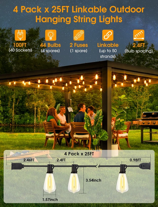 Alt view image 2 of 7 - 100FT(4x25FT) Outdoor String Lights, Patio Lights with 40+4 LED Dimmable Waterproof Linkable ST38 Edison Bulbs for Gazebo Camping Party, Black
