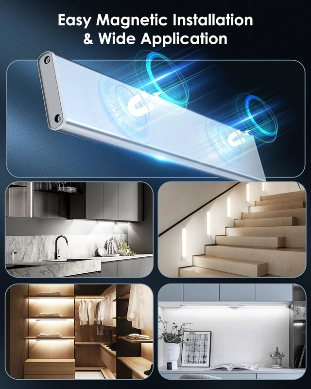 Alt view image 6 of 7 - 10inch Under Cabinet Lighting, Motion Sensor Light Indoor, 5-Pack Dimmable 68-LED Under-Counter Light Fixture for Kitchen, 2200mAh Rechargeable, Magnetic Mount, with 3-in-1 Color Modes