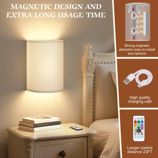 Alt view image 5 of 7 - Wall Sconces Battery Operated Wireless Wall Sconces Set of Two Battery Operated Magnetic Lamp Rechargeable Lights Dimmable with 16 RGB Walls Decor with Remote Timer for Bedroom Living Room