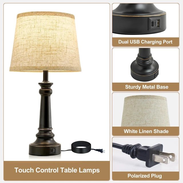 Alt view image 6 of 7 - Touch Lamps for Nightstand Set of 2 - Black Table Lamp for Bedroom Dimmable Bedside Lamp with USB C+A Ports - Lamps for Night Stands Living Room End Table,2 LED Bulbs Included
