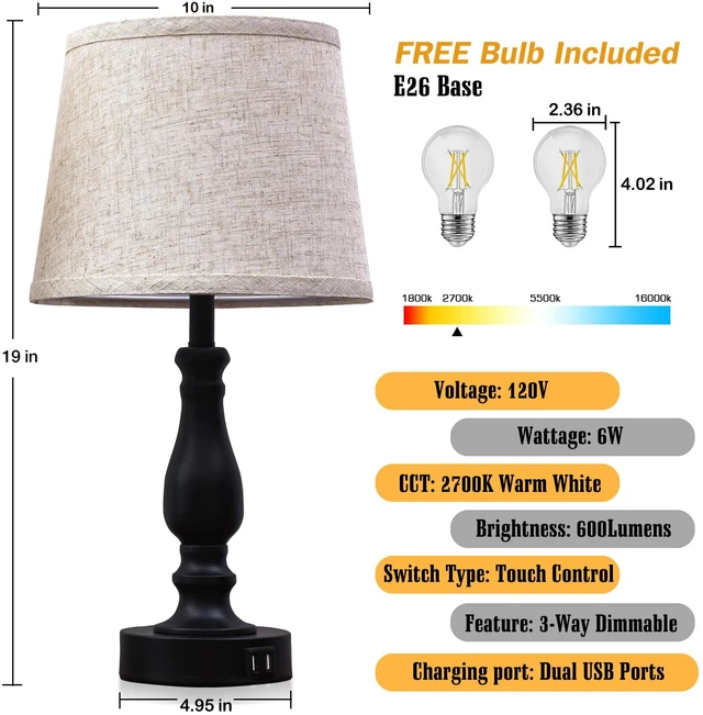 Alt view image 2 of 7 - Table Lamps Set of 2, Bedside Nightstand Lamps with USB Charging Ports,Dimmable Touch with Linen Fabric Lampshade, Modern Small Lamp for Bedrooms, Living Room (Bulbs Included)