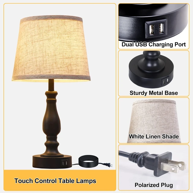 Alt view image 5 of 7 - Table Lamps Set of 2, Bedside Nightstand Lamps with USB Charging Ports,Dimmable Touch with Linen Fabric Lampshade, Modern Small Lamp for Bedrooms, Living Room (Bulbs Included)