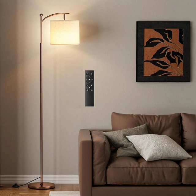 Main image of 60" Floor Lamp with Remote and Stepless Dimmable Bulb, Brown Pole Colors Temperature and Brightness Adjustable, Foot Switch, Remote Control, Beige Shade, Modern Floor Lamp for Living Room