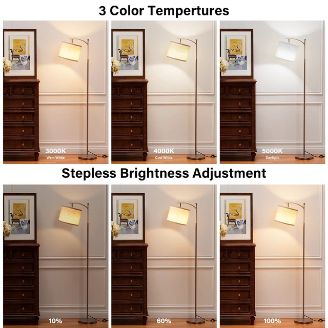 Alt view image 3 of 7 - 60" Floor Lamp with Remote and Stepless Dimmable Bulb, Brown Pole Colors Temperature and Brightness Adjustable, Foot Switch, Remote Control, Beige Shade, Modern Floor Lamp for Living Room