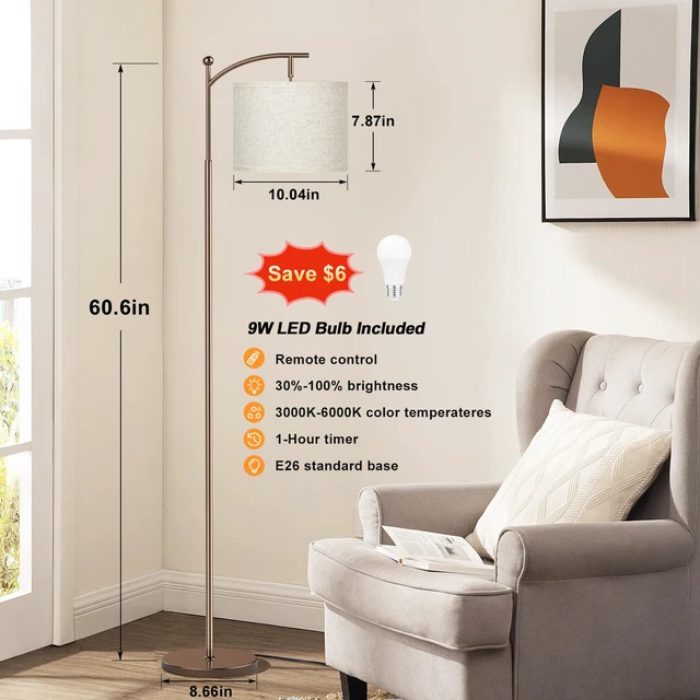 Alt view image 2 of 7 - 60" Floor Lamp with Remote and Stepless Dimmable Bulb, Brown Pole Colors Temperature and Brightness Adjustable, Foot Switch, Remote Control, Beige Shade, Modern Floor Lamp for Living Room