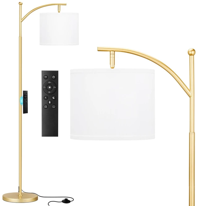Main image of 60" Floor Lamp with Remote and Stepless Dimmable Bulb, Gold Pole Colors Temperature and Brightness Adjustable, Foot Switch, Remote Control, White Shade, Modern Floor Lamp for Living Room