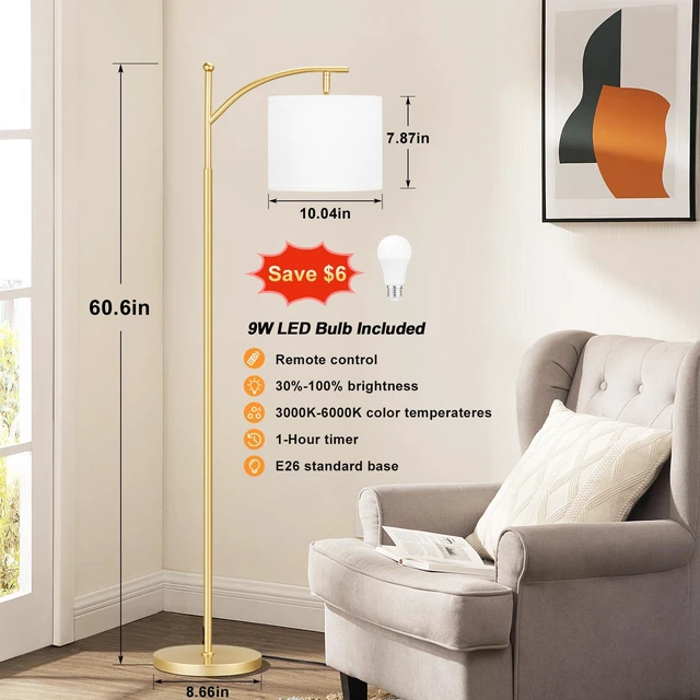 Alt view image 2 of 7 - 60" Floor Lamp with Remote and Stepless Dimmable Bulb, Gold Pole Colors Temperature and Brightness Adjustable, Foot Switch, Remote Control, White Shade, Modern Floor Lamp for Living Room