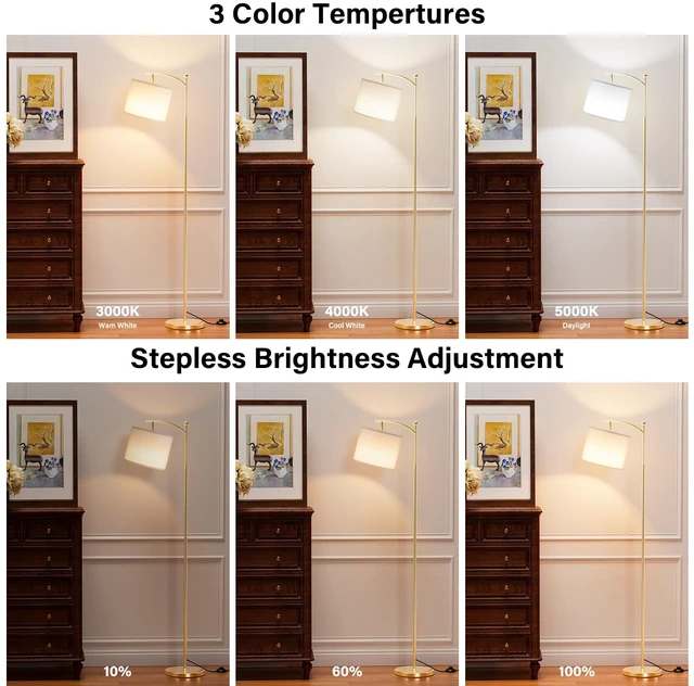 Alt view image 3 of 7 - 60" Floor Lamp with Remote and Stepless Dimmable Bulb, Gold Pole Colors Temperature and Brightness Adjustable, Foot Switch, Remote Control, White Shade, Modern Floor Lamp for Living Room