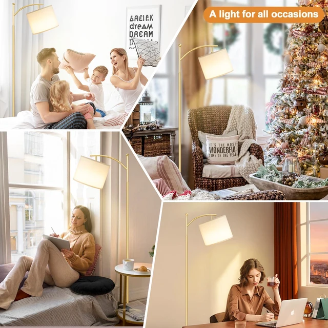 Alt view image 5 of 7 - 60" Floor Lamp with Remote and Stepless Dimmable Bulb, Gold Pole Colors Temperature and Brightness Adjustable, Foot Switch, Remote Control, White Shade, Modern Floor Lamp for Living Room