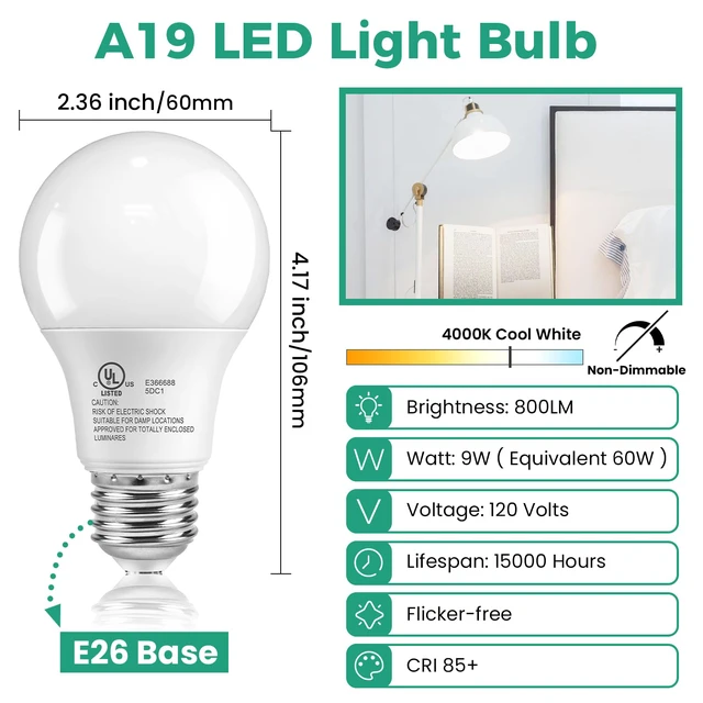 Alt view image 2 of 7 - 6 Pack A19 LED Light Bulbs, 4000K Cool White, 60 Watt Equivalent Efficient 9W, E26 Standard Base 120V, Neutral White, 800 Lumens, Non-Dimmable, UL Listed Type A Lamp for Living Room, Office