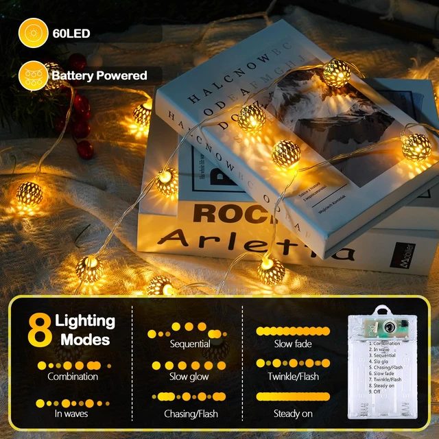 Alt view image 4 of 6 - Moroccan String Lights Battery Operated 60 LED 36 FT Globe Fairy Lights Warm White String Light for Bedroom, 8 Lighting Modes & Timer, for Party Wedding Garden Christmas Indoor Decor