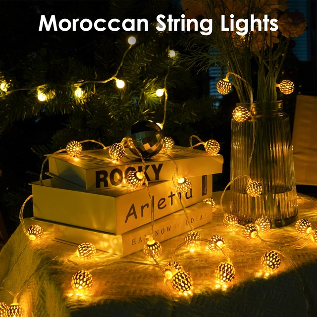 Alt view image 3 of 6 - Moroccan String Lights Battery Operated 60 LED 36 FT Globe Fairy Lights Warm White String Light for Bedroom, 8 Lighting Modes & Timer, for Party Wedding Garden Christmas Indoor Decor