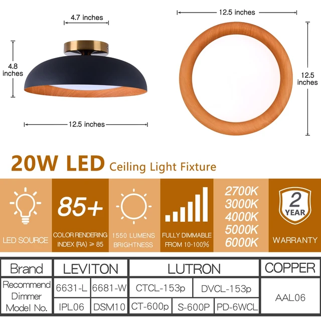 Alt view image 2 of 7 - Flush Mount Ceiling Light, Black with Wood-Grain Finish,12.5" ETL-Listed,selectable 2700/3000/4000/5000/6000K,matte black finish with wood accent,ideal for hallway,bedroom and kitchen