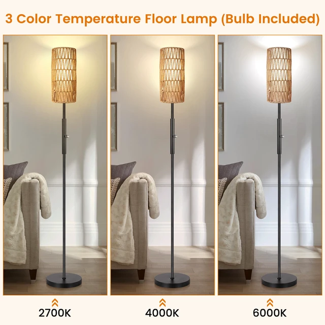 Alt view image 2 of 7 - Boho Floor Lamp for Living Room with 3 Color Temperatures LED Bulb, Standing Lamp Tall Lamp Reading for Bedroom, Office, Kids Room (9W LED Bulb, Rattan & Fabric Shades Included)