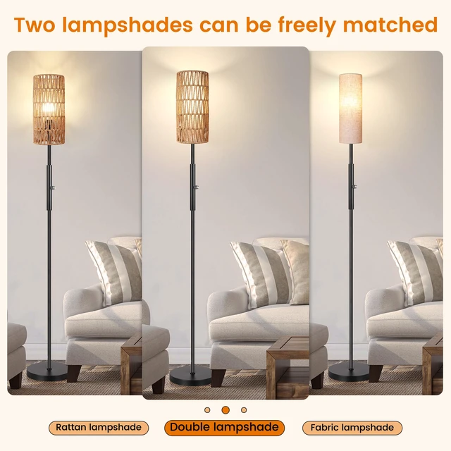 Alt view image 3 of 7 - Boho Floor Lamp for Living Room with 3 Color Temperatures LED Bulb, Standing Lamp Tall Lamp Reading for Bedroom, Office, Kids Room (9W LED Bulb, Rattan & Fabric Shades Included)