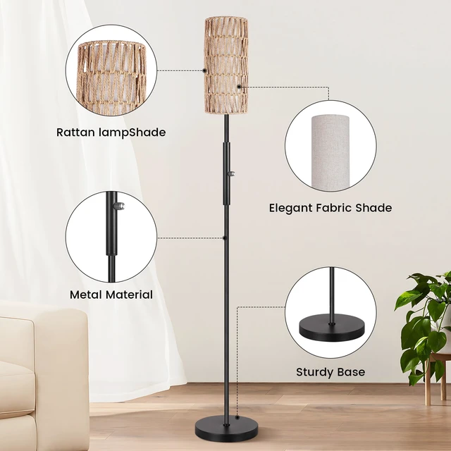 Alt view image 5 of 7 - Boho Floor Lamp for Living Room with 3 Color Temperatures LED Bulb, Standing Lamp Tall Lamp Reading for Bedroom, Office, Kids Room (9W LED Bulb, Rattan & Fabric Shades Included)