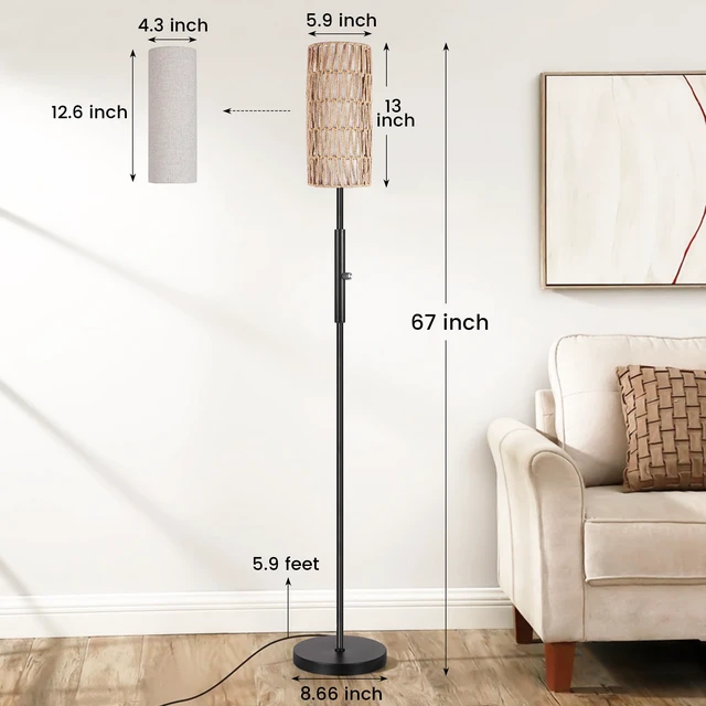 Alt view image 4 of 7 - Boho Floor Lamp for Living Room with 3 Color Temperatures LED Bulb, Standing Lamp Tall Lamp Reading for Bedroom, Office, Kids Room (9W LED Bulb, Rattan & Fabric Shades Included)